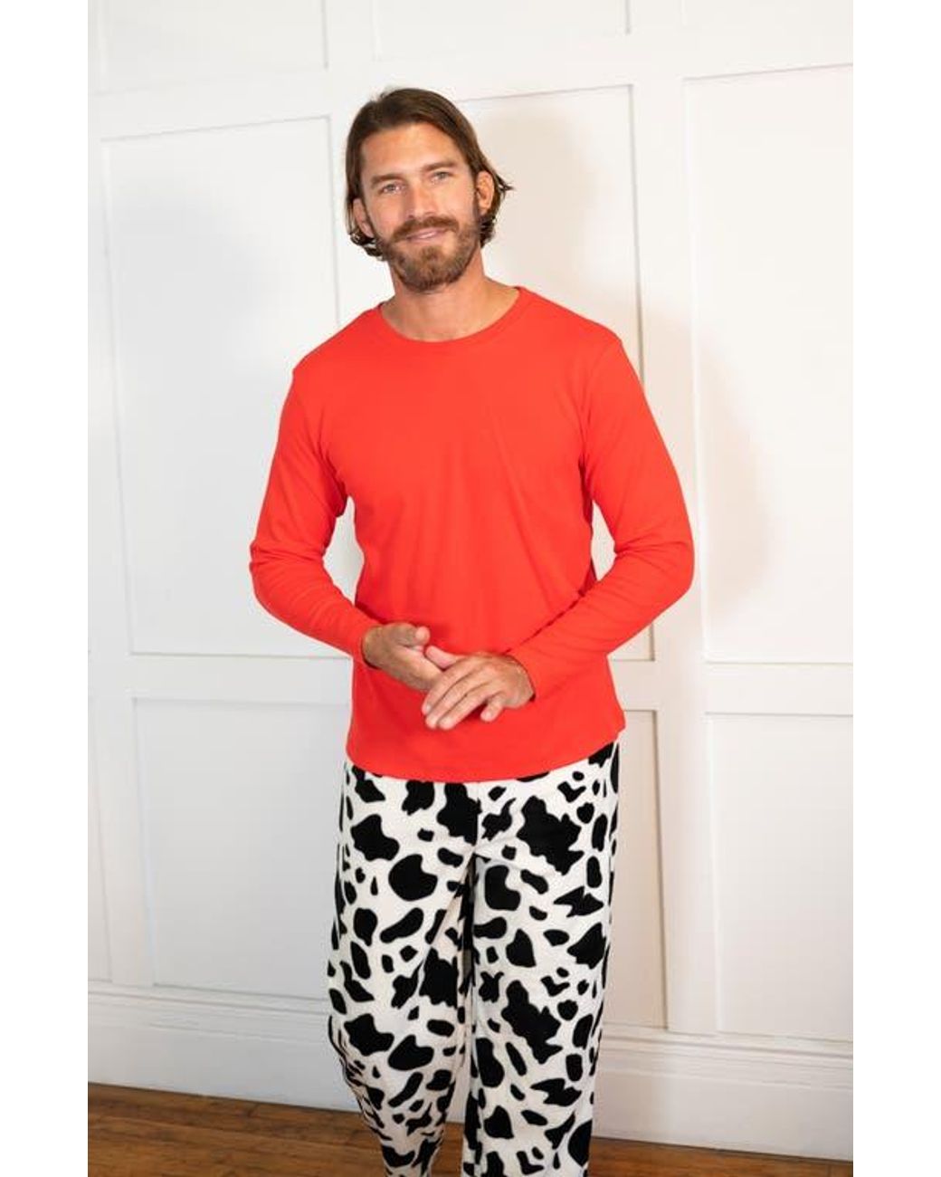 Leveret Red Cotton Top & Fleece Pants Printed Matching Family Holiday Pajama Set for men