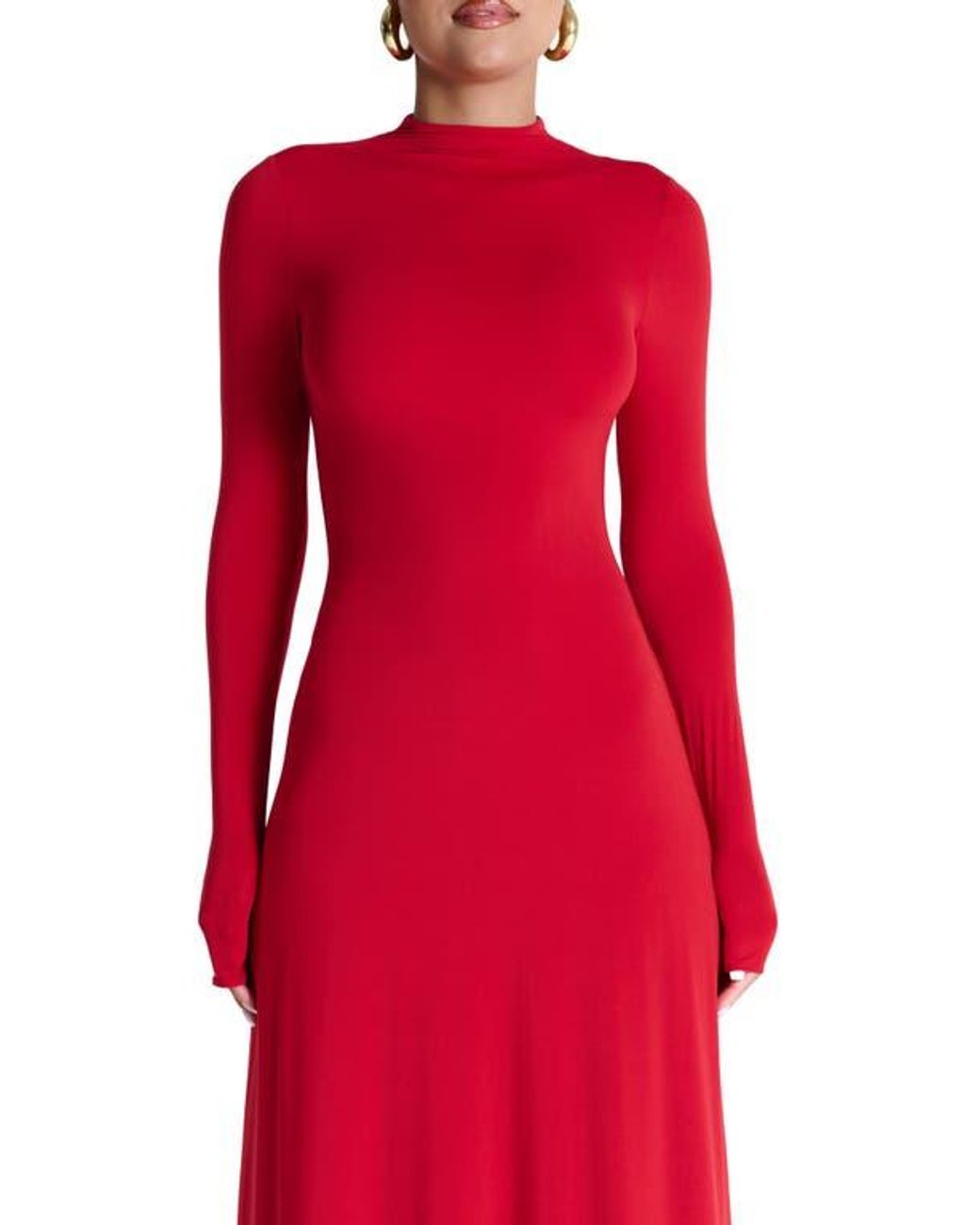 Naked Wardrobe Mock Neck Long Sleeve Maxi Dress in Red | Lyst