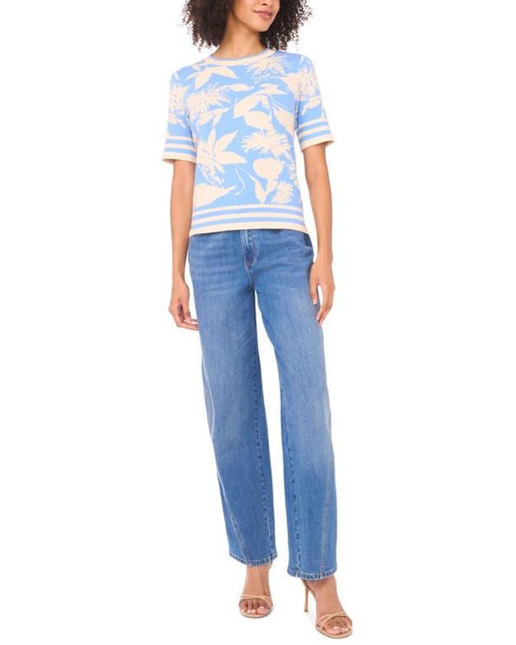 Vince Camuto White Floral Jacquard Cotton Sweater