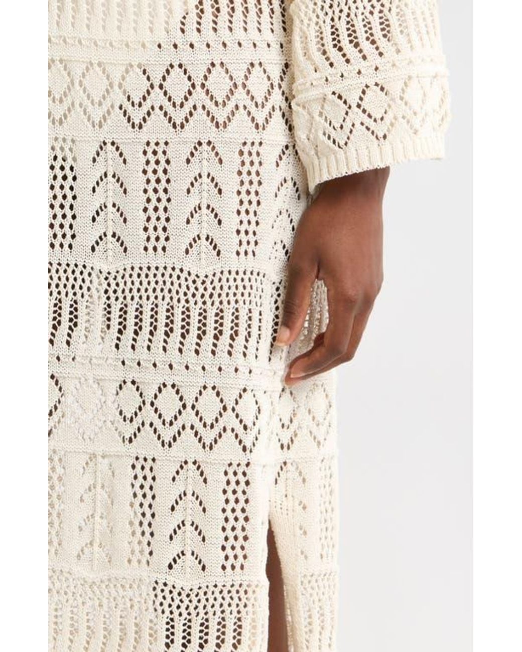 Elan Lace Knit Long Sleeve Cover-Up Midi Dress in Natural | Lyst
