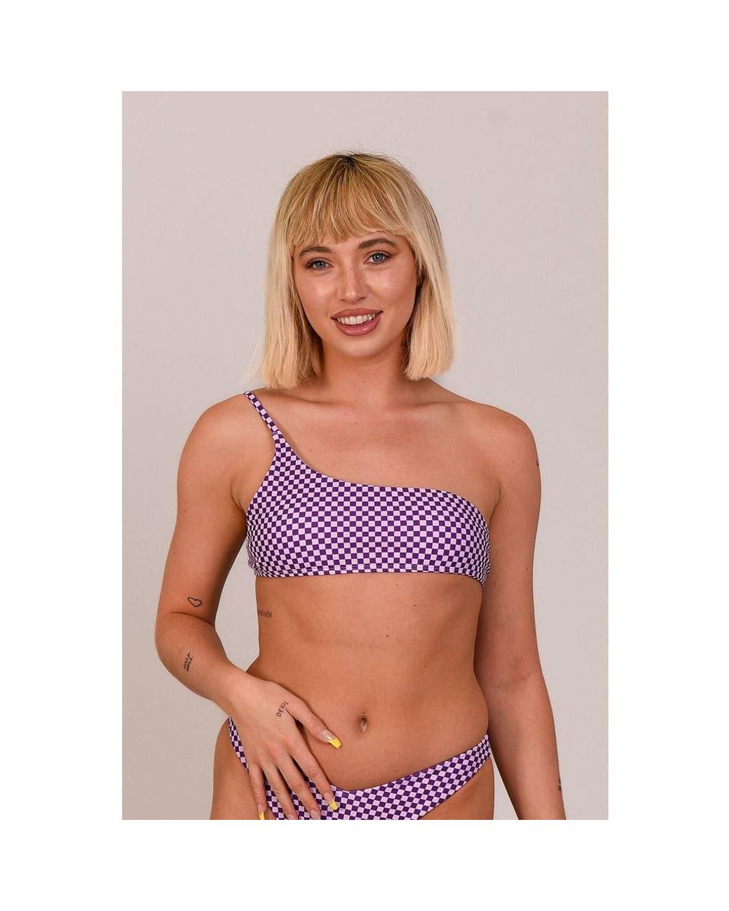 OOSC Purple Checkmate Cold Shoulder Bikini Top