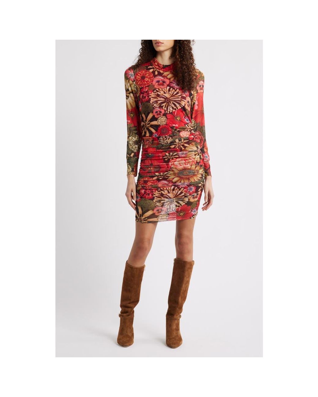 FARM Rio Flowershop Long Sleeve Floral Mesh Minidress in Red | Lyst