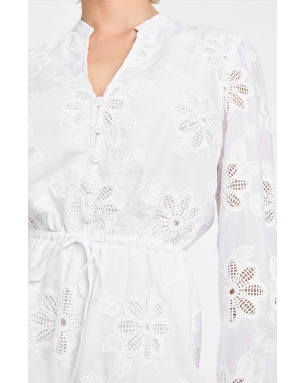 Guess Hazel Floral Embroidered Long Sleeve Cotton Voile Romper in White |  Lyst