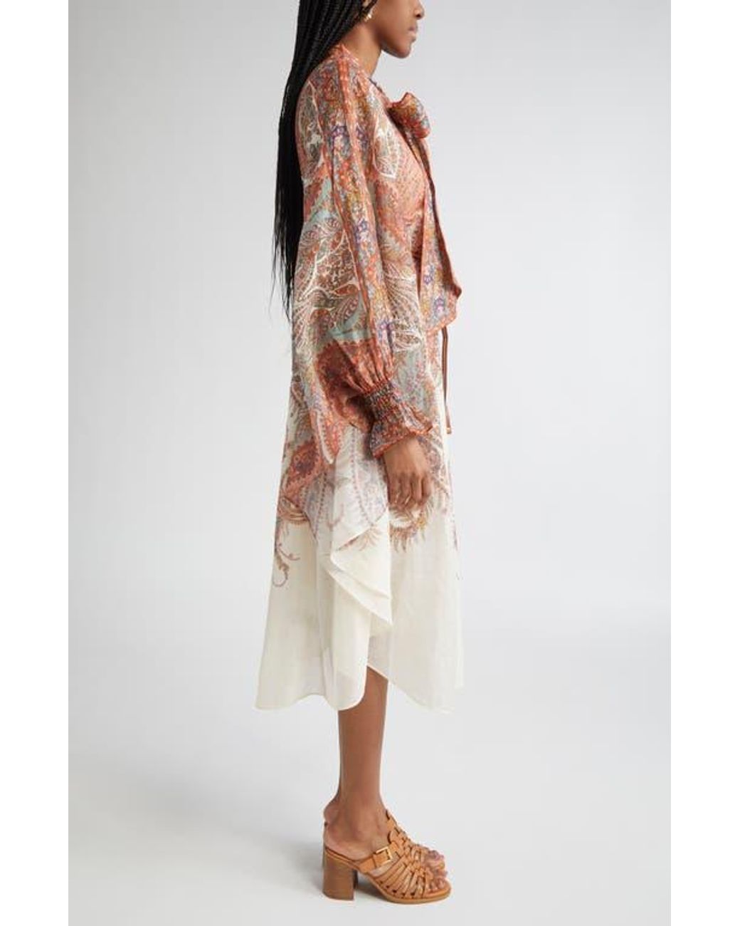 Zimmermann Rhiannon Paisley Tie Neck Long Sleeve Midi Dress