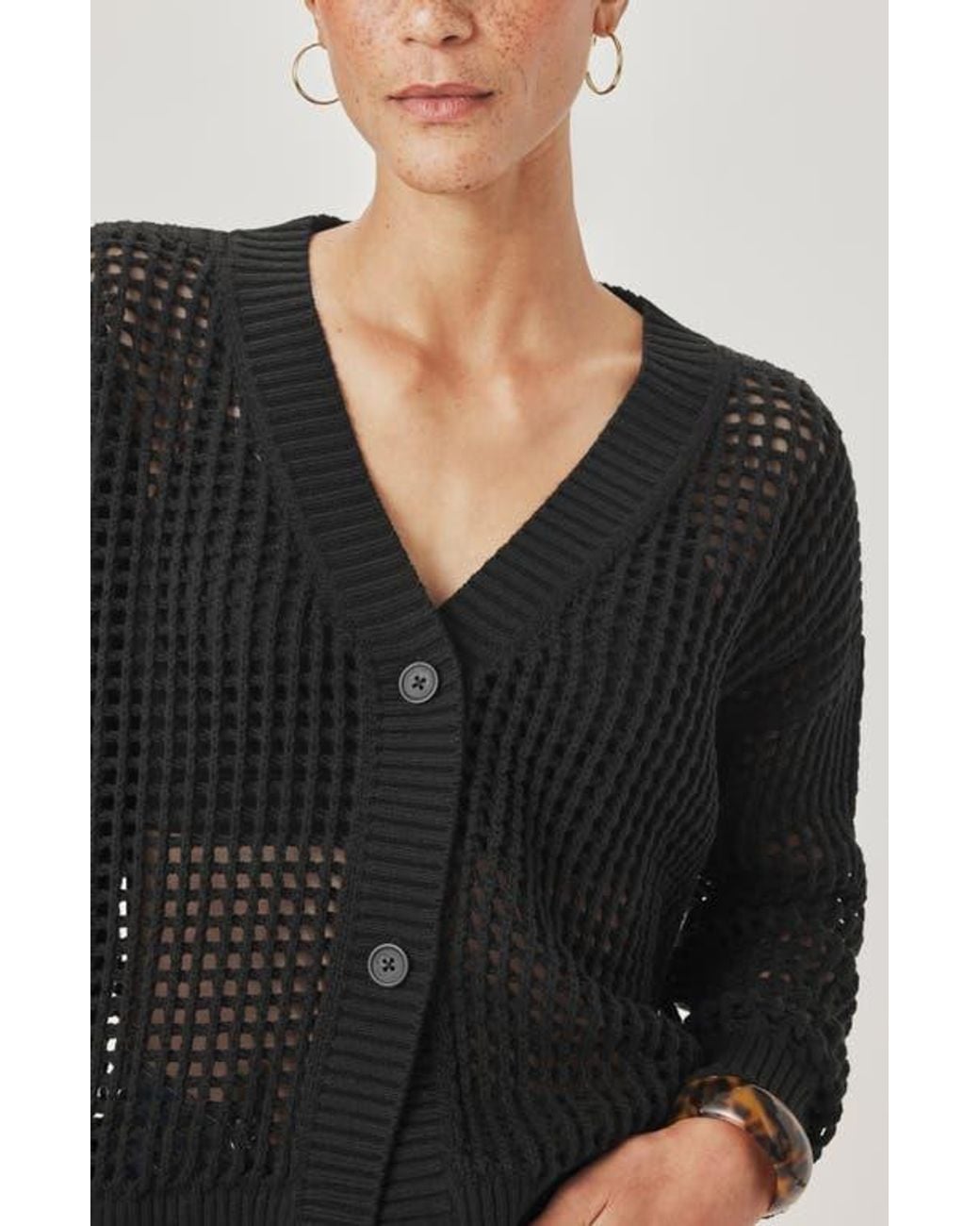 Splendid Black Camellia Openwork V-Neck Cotton Blend Cardigan