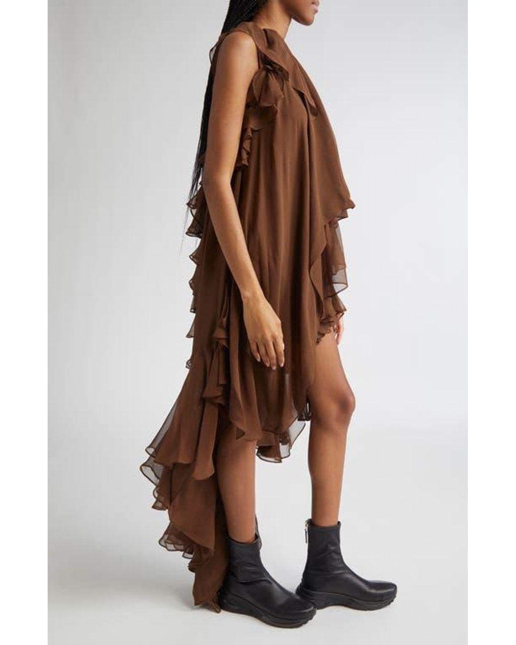 Collina Strada Tiered Ruffle One-Shoulder Silk Chiffon Dress in Brown | Lyst