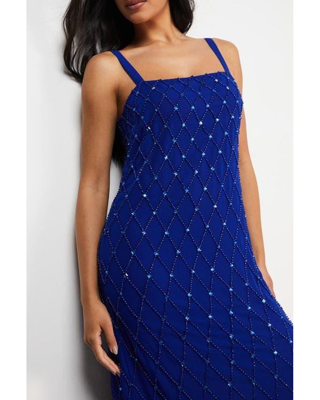 Warehouse Blue Hand Embellished Fringe Hem Midi Dress