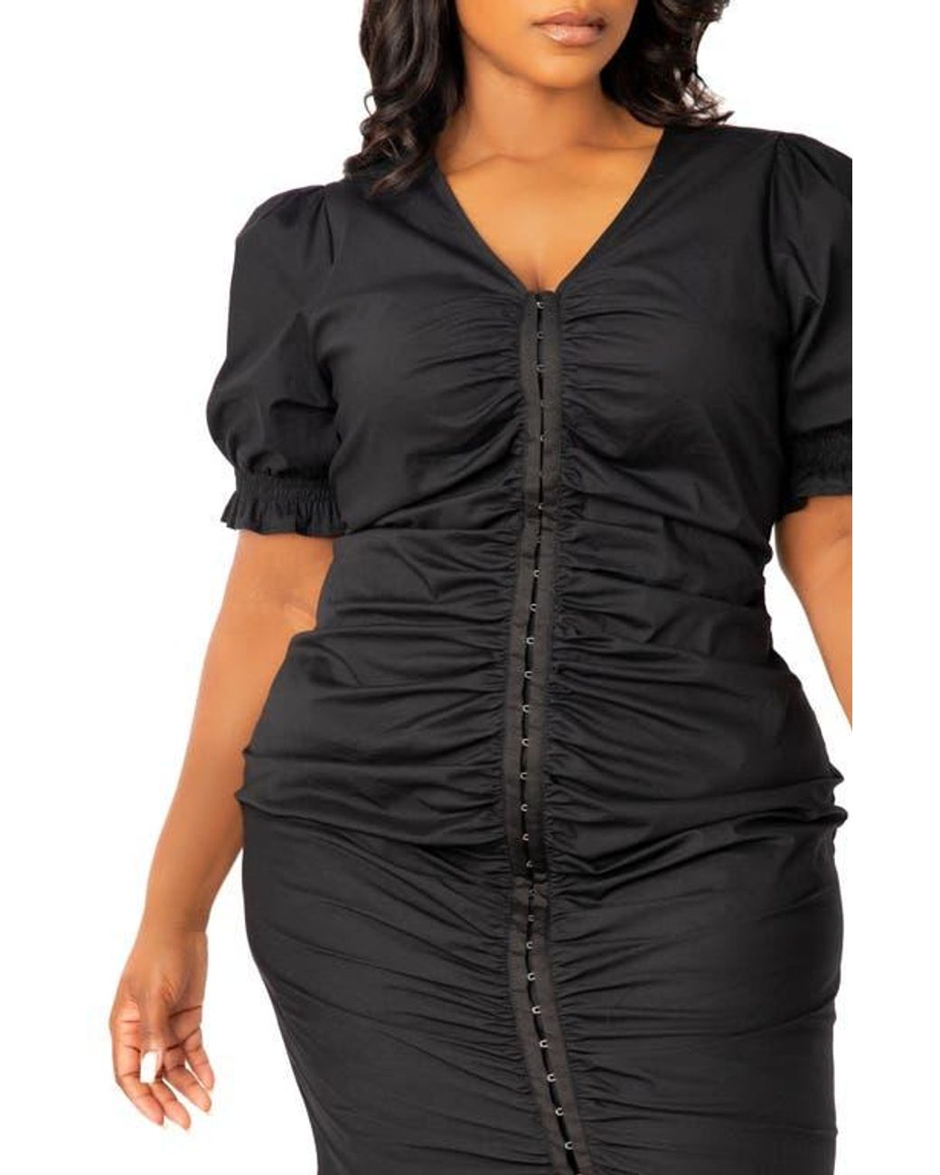 Buxom Couture Ruched Fishtail Midi Dress in Black | Lyst