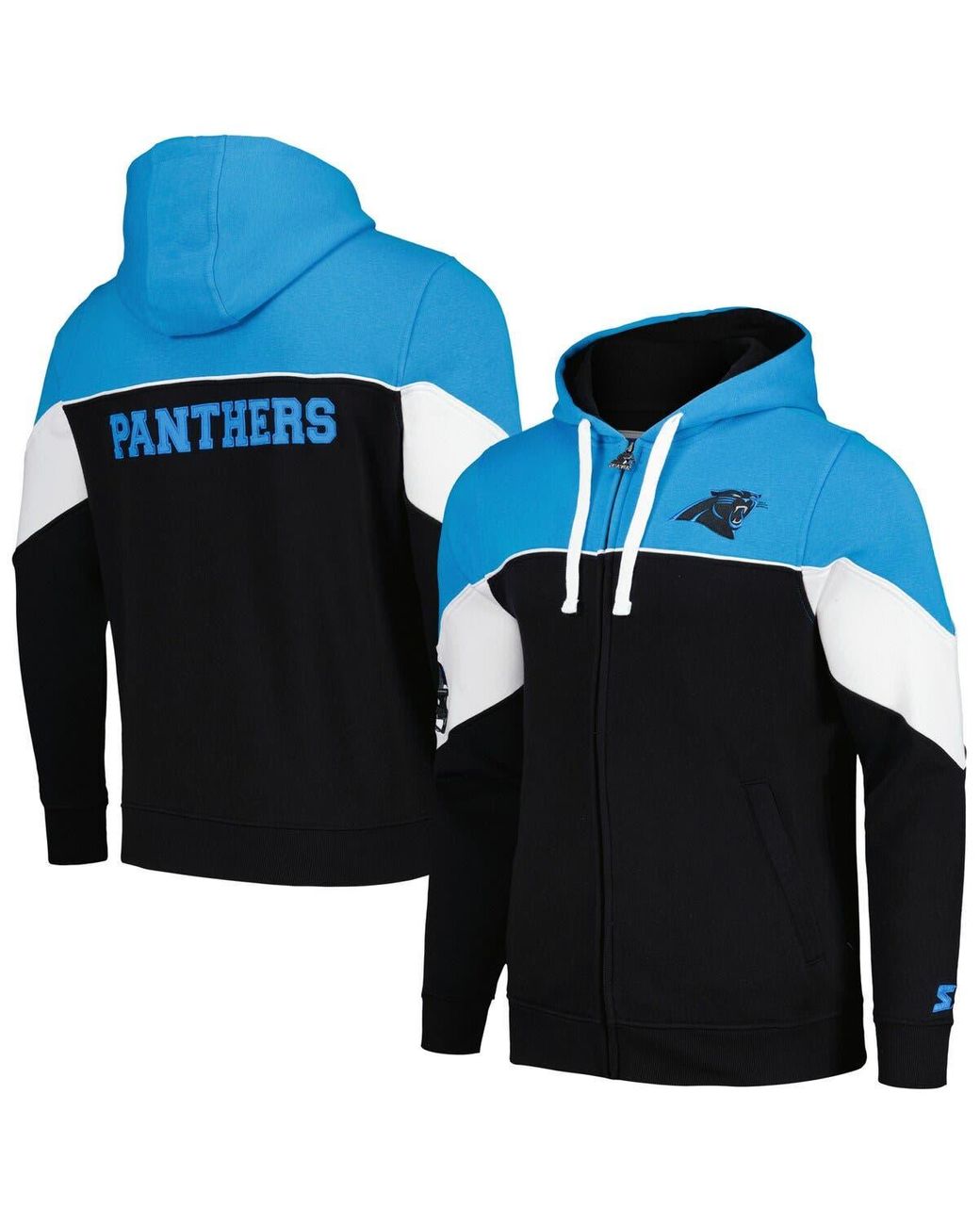 Men's Starter Black/Blue Carolina Panthers Playoffs Color Block Full-Zip  Hoodie