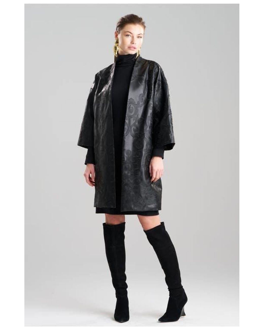 Natori Black Leticia Embroidered Faux Leather Coat