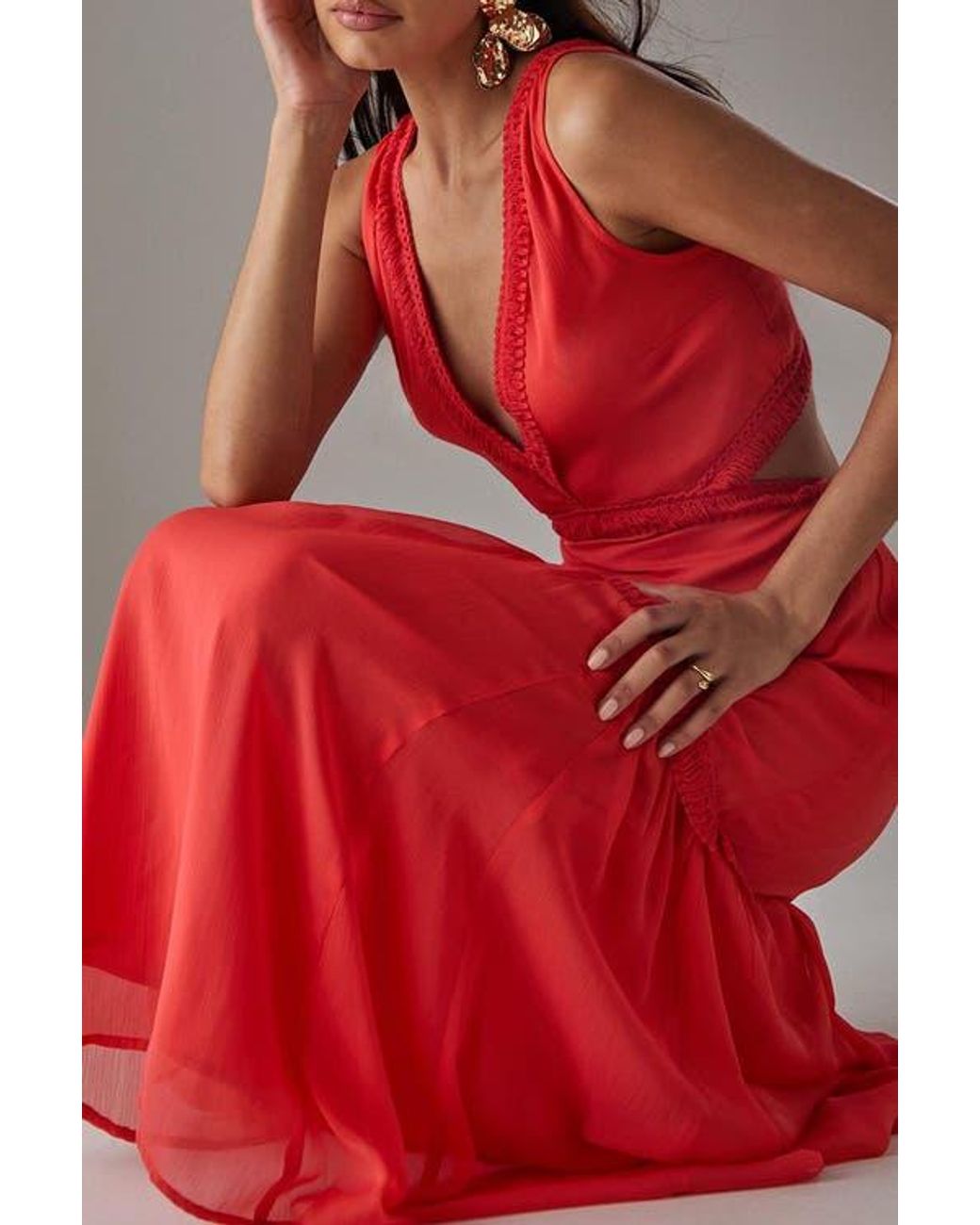 Warehouse Red Chiffon Fringe Trim Cut Out Maxi Dress