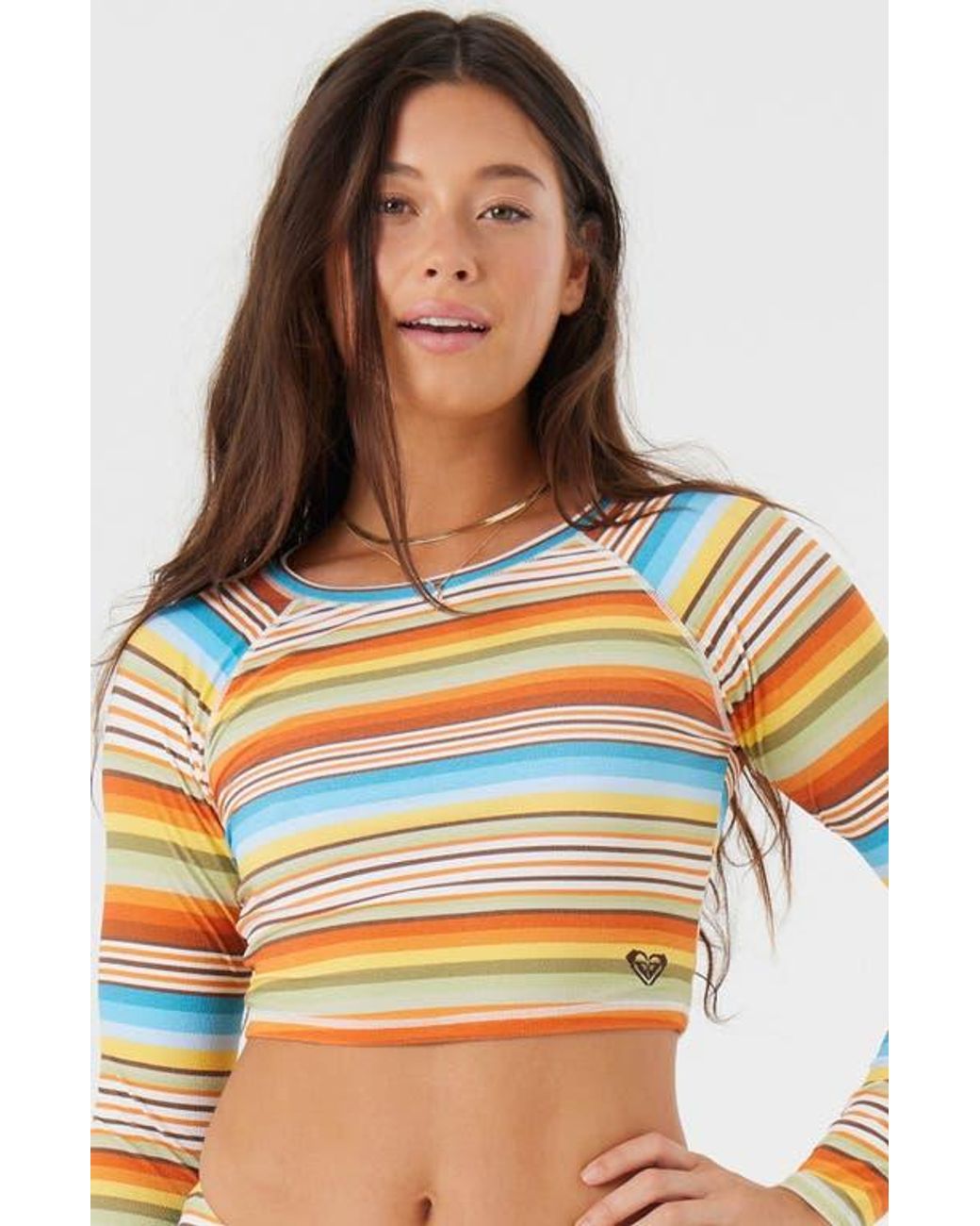 Roxy Stripe Long Sleeve Crop Rashguard in Yellow Lyst