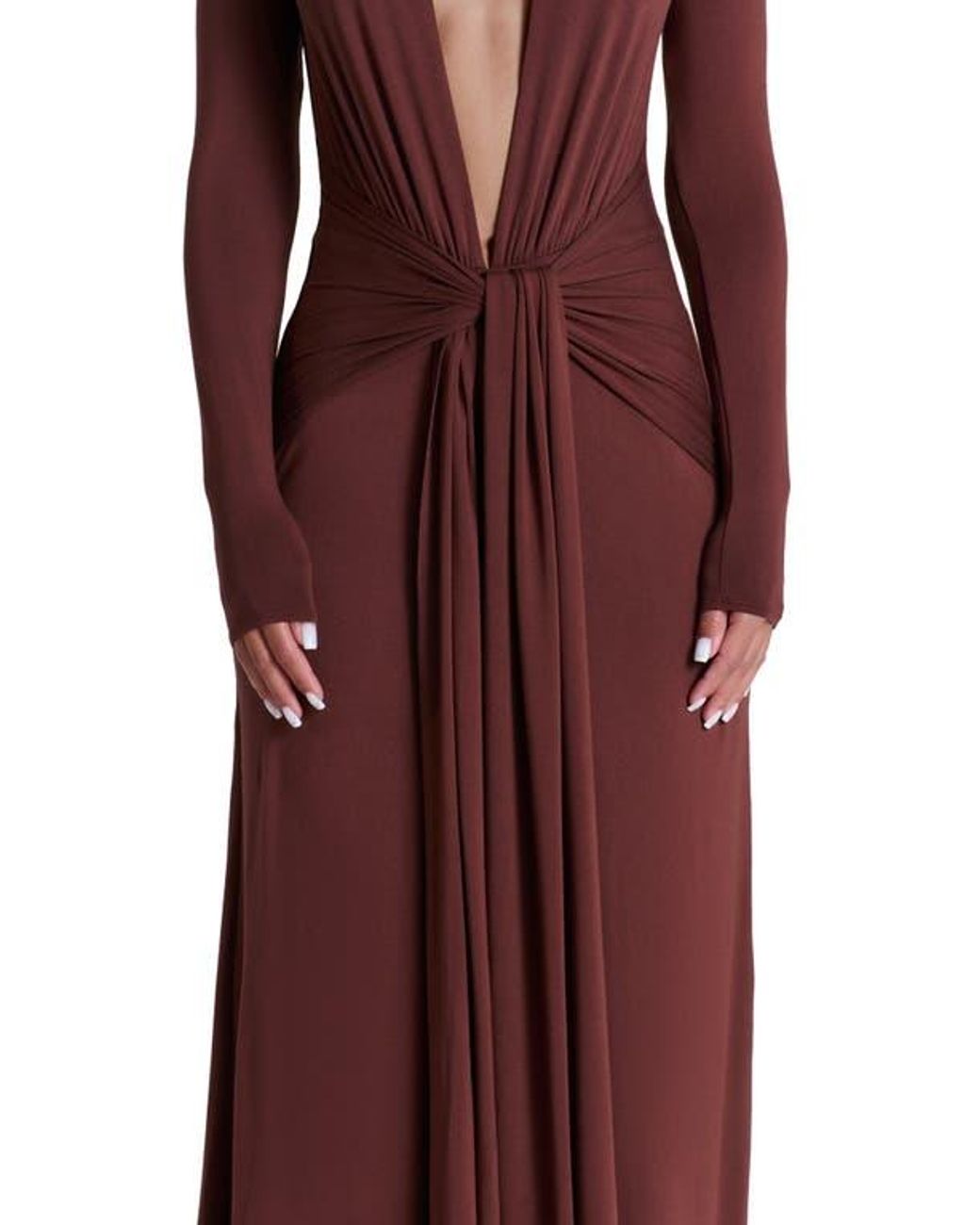 Naked Wardrobe Plunge Neck Long Sleeve Stretch Jersey Maxi Dress in Red |  Lyst