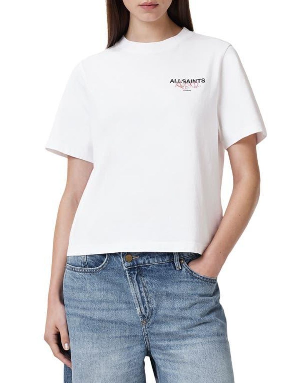 (取寄) オールセインツ レディース ハート リサ ティー AllSaints women Heart Lisa Tee Optic White AllSaints Amoré Lisa Heart Embroidered Cotton Graphic T