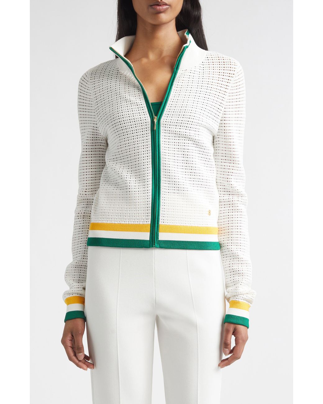 St. John White Geometric Point Open Knit Zip-Up Jacket