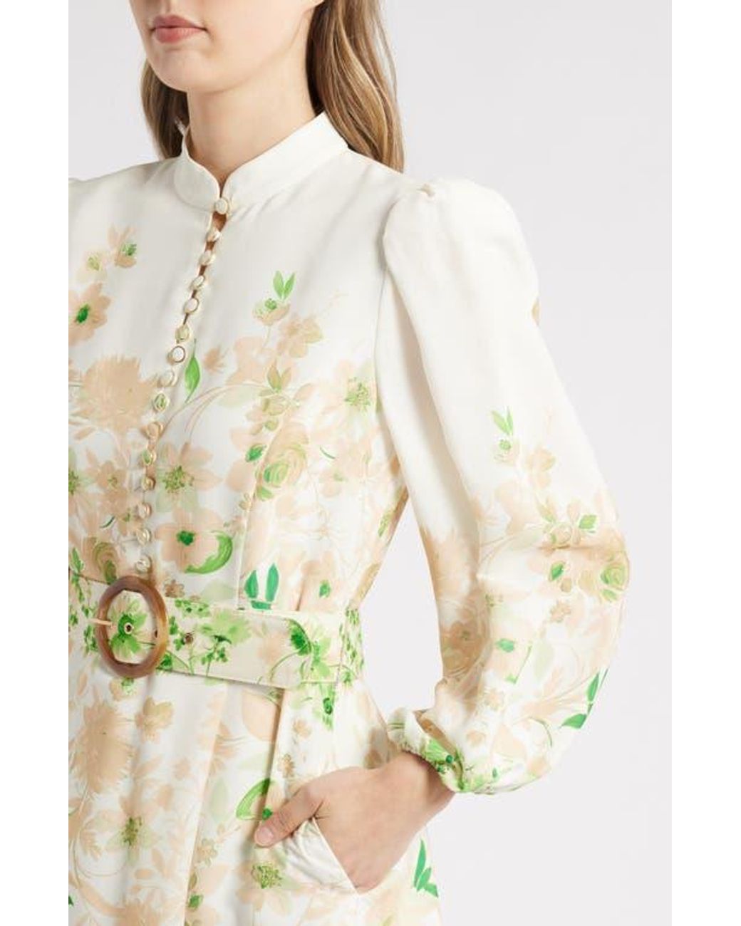 Tahari Border Print Belted Long Sleeve Dress in Natural