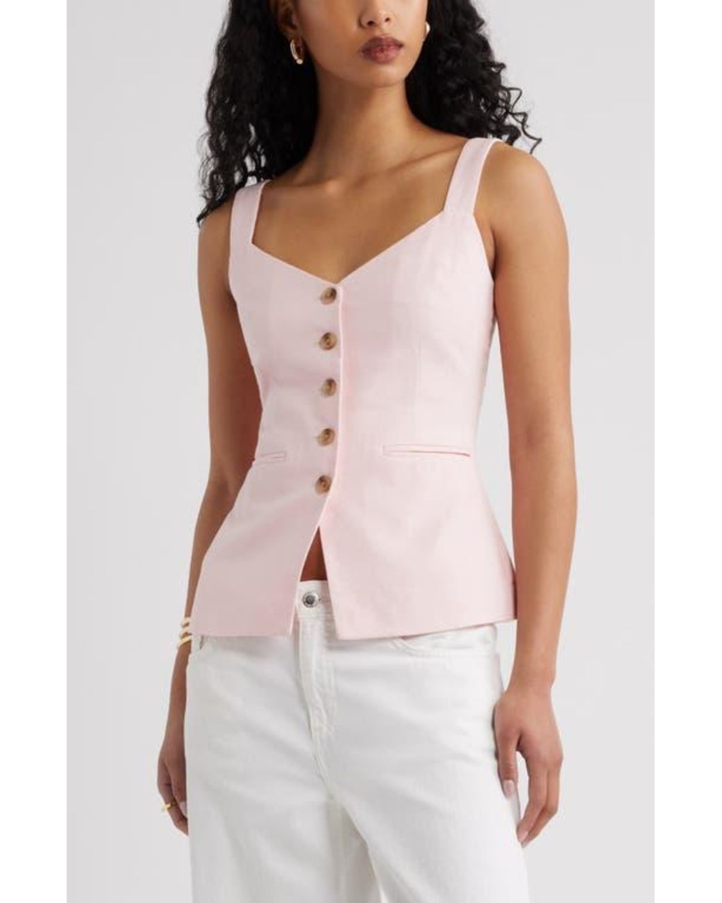 Open Edit Pink Button Front Linen Blend Tank