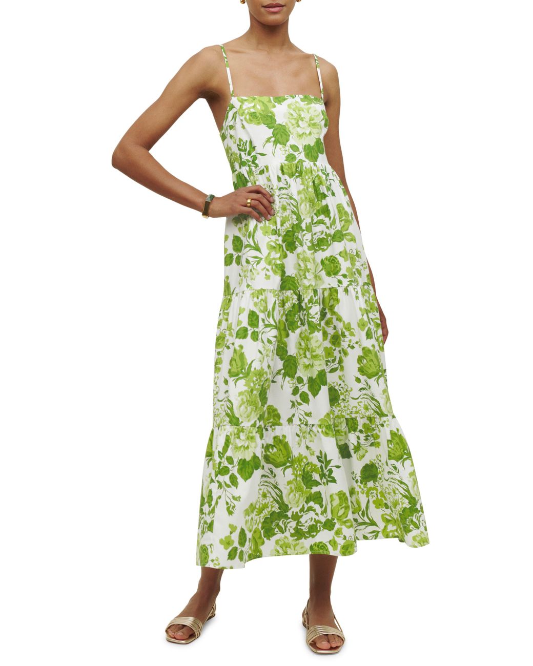 Reformation East Floral Open Back Tiered Maxi Dress in Green Lyst