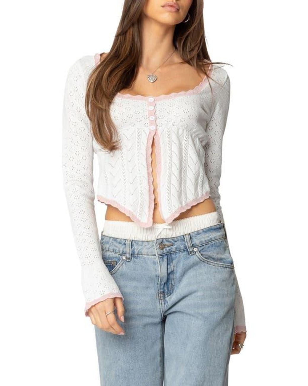 Edikted Blue Abbie Split Front Pointelle Stitch Top