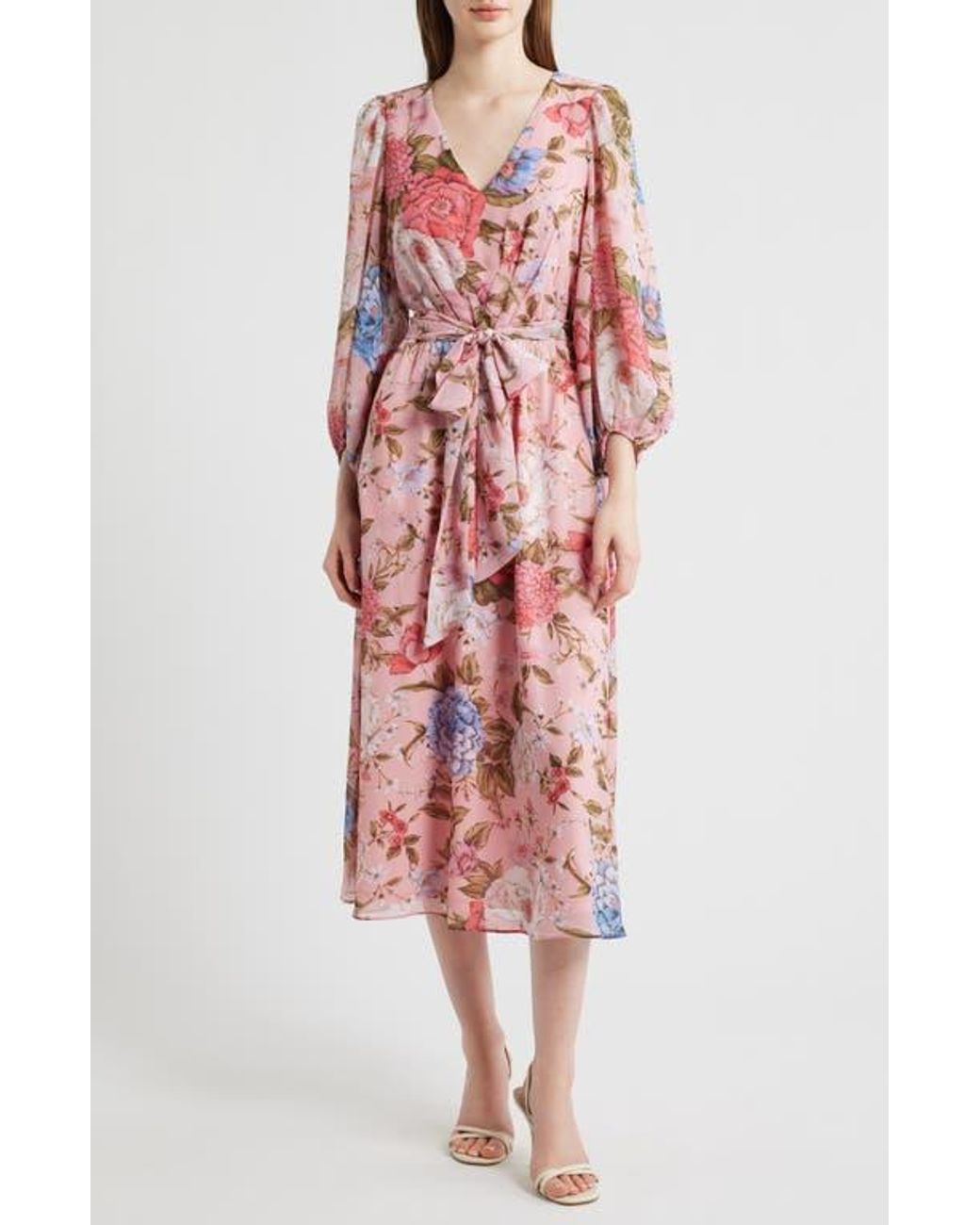 Anne Klein Floral Print Tie Waist Midi Dress in Red | Lyst