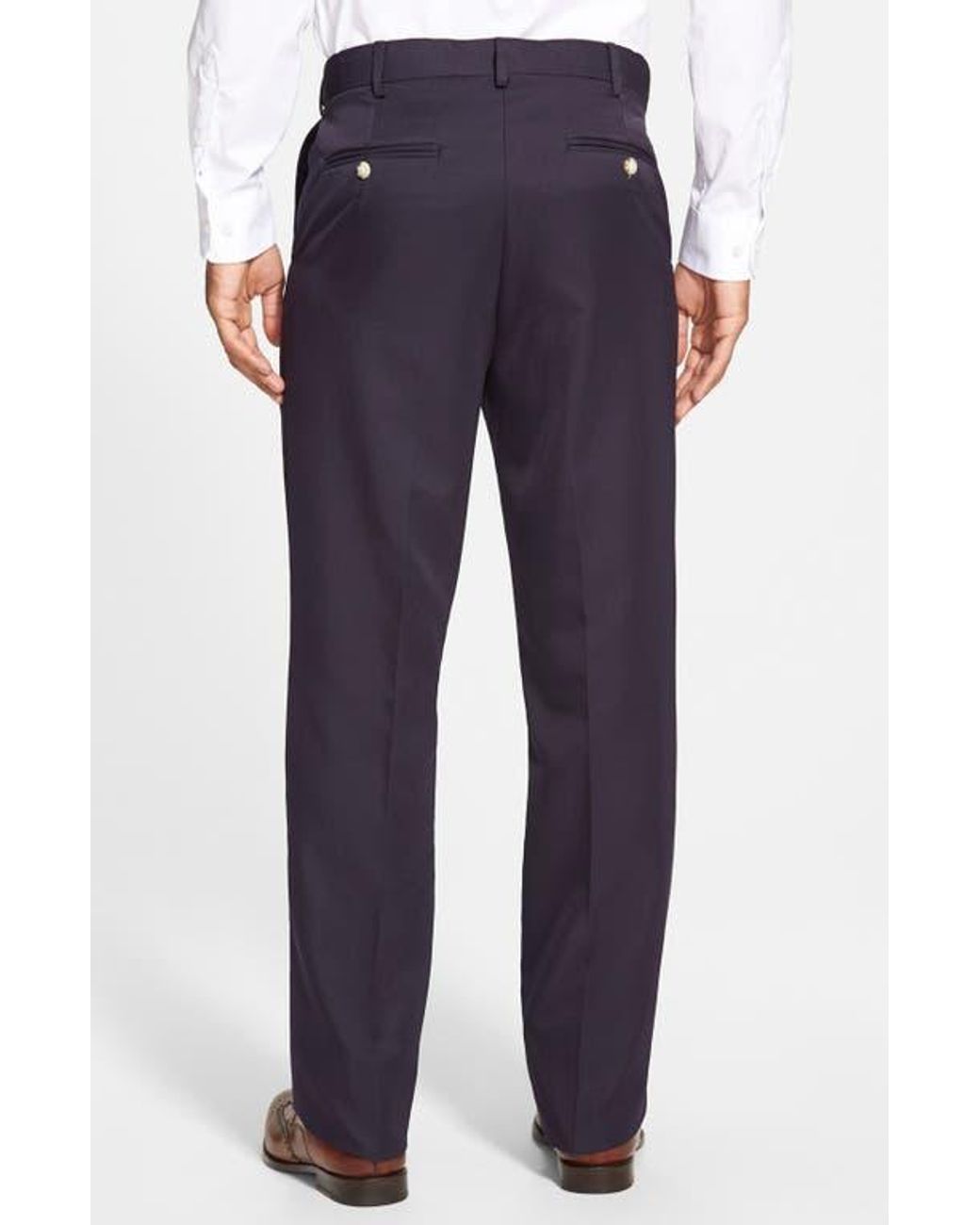 Berle Blue Self Sizer Waist Flat Front Classic Fit Microfiber Trousers for men