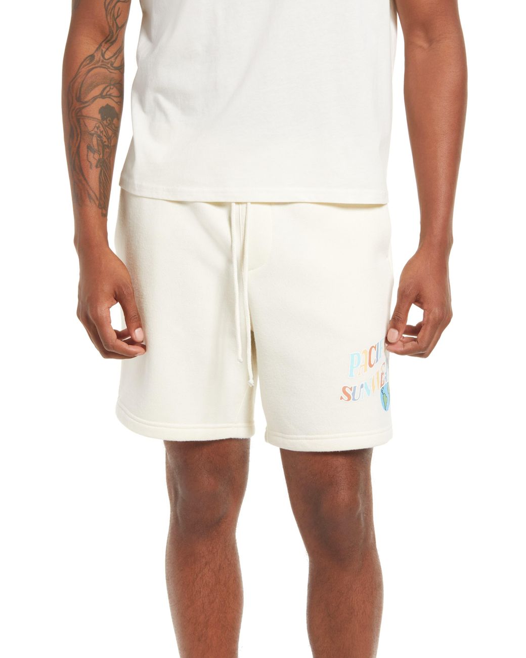 PacSun Volley Cotton Blend Fleece Logo Graphic Shorts in White for