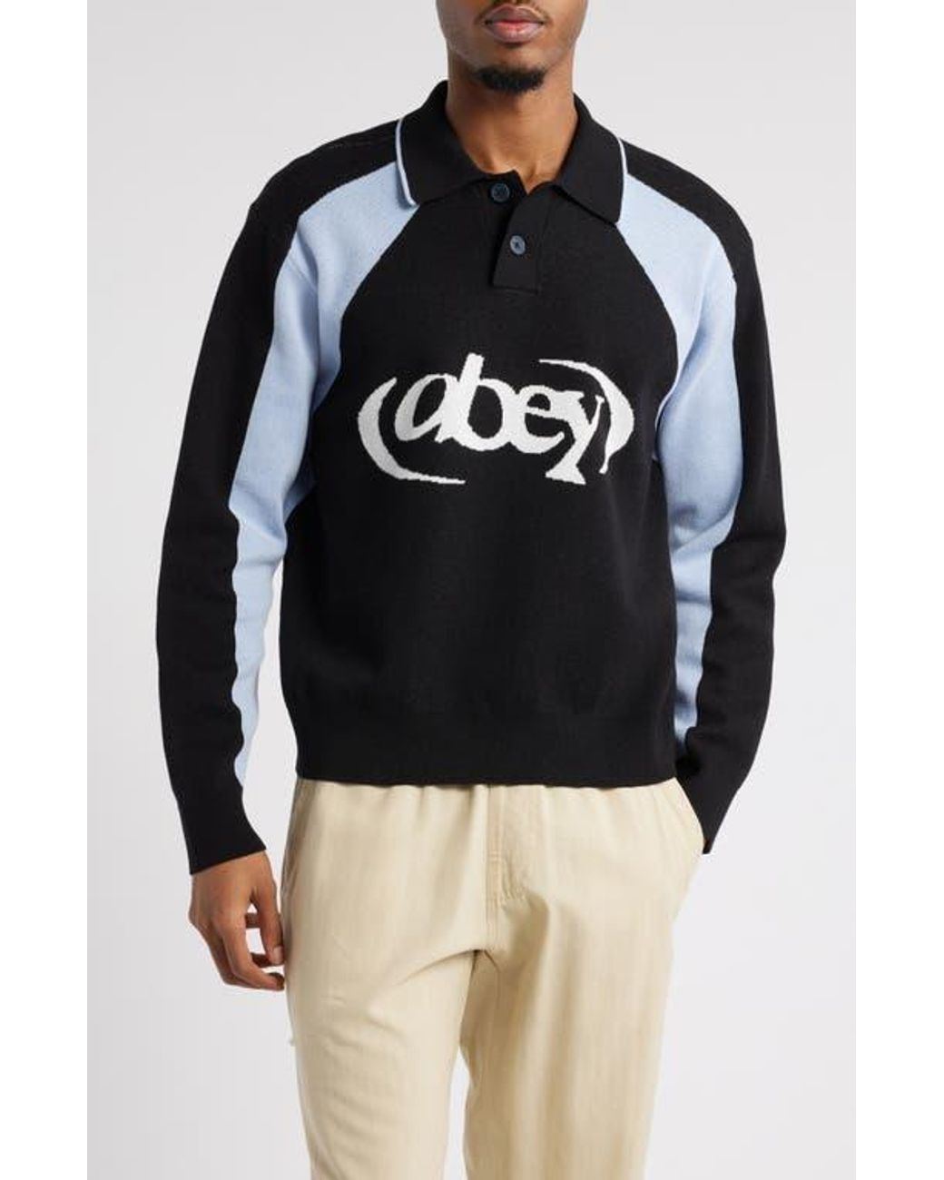 Obey Soccer Long Sleeve Cotton Polo Sweater in Black for Men