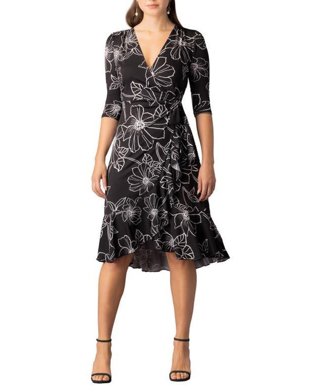 Kiyonna Black Flirty Flounce Midi Wrap Dress With 3/4 Sleeves
