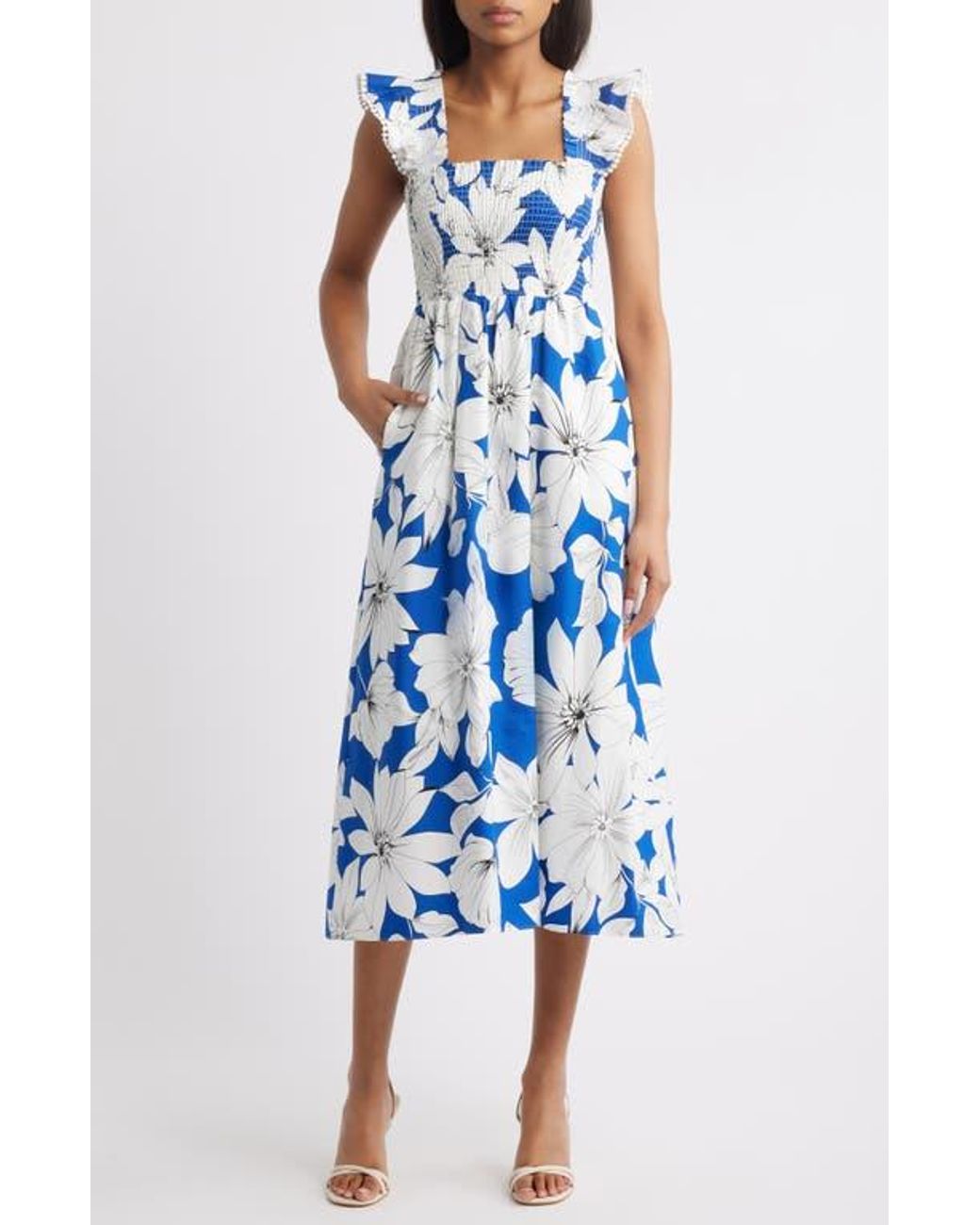 Anne Klein Smocked Ruffle Sundress in Blue | Lyst