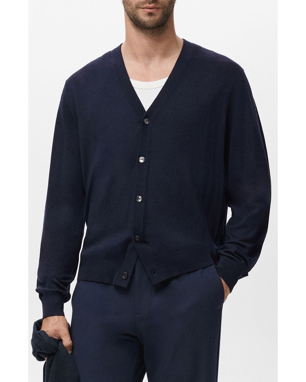Mango Blue Solid Wool Cardigan for men