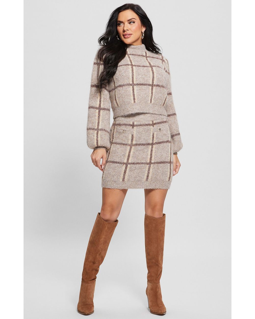 Guess Nadia Plaid Jacquard Sweater in Natural | Lyst