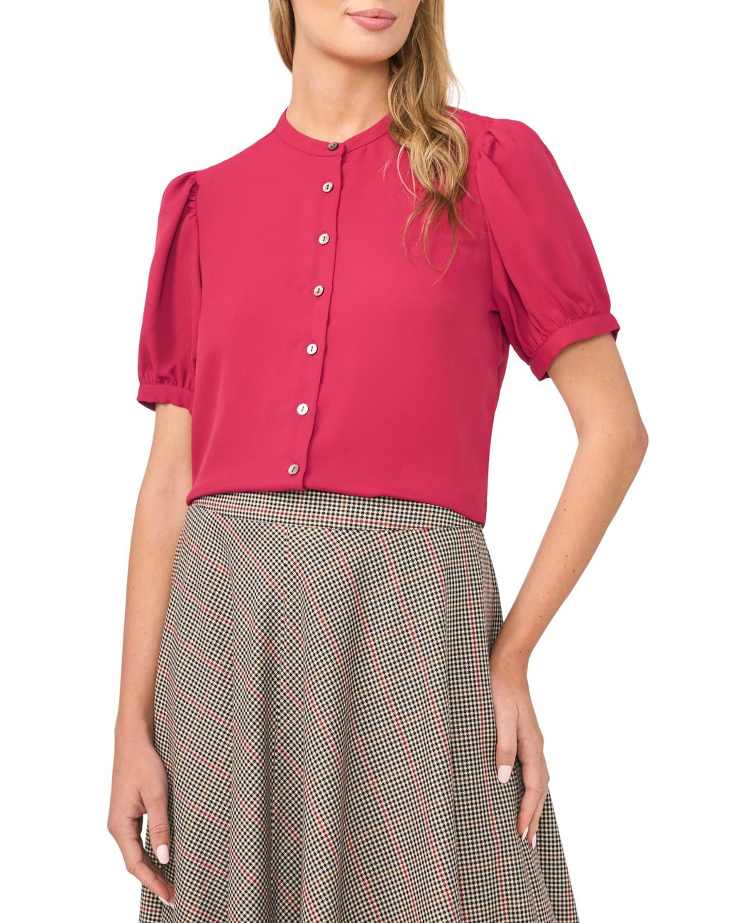 Halogen® Red Puff Sleeve Button-Up Top