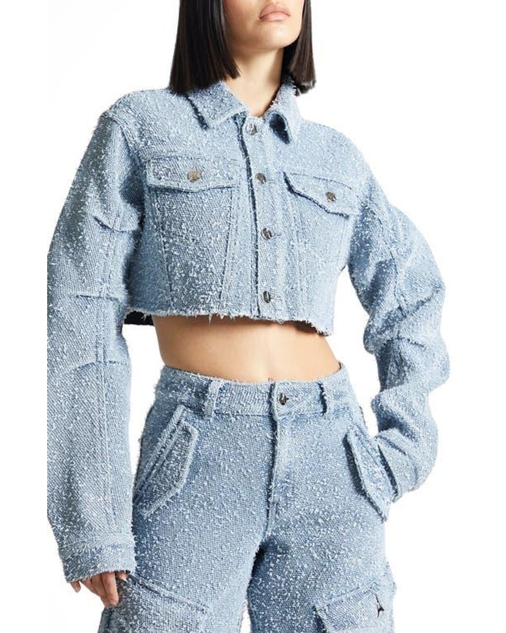Manière De Voir Catherine Cropped Boucle Denim Jacket in Blue | Lyst