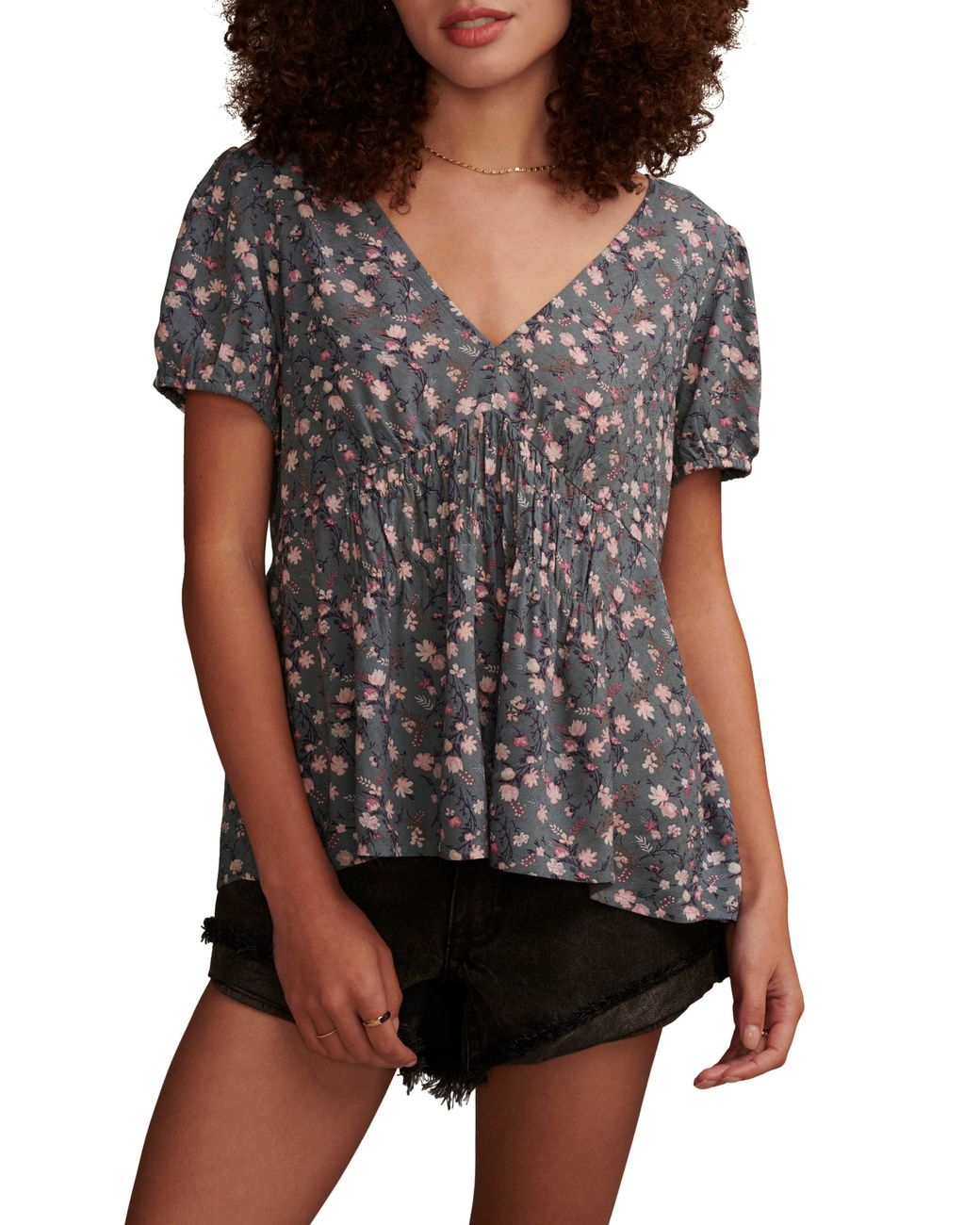 Lucky Brand Floral Print Short Sleeve Top in Black