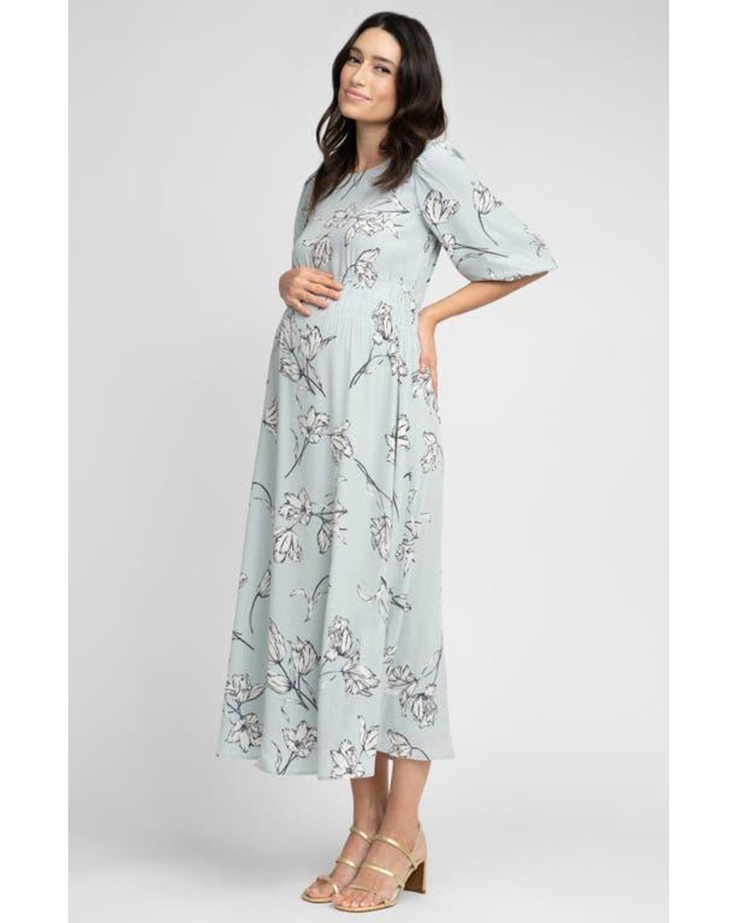 Seraphine Floral Smocked Waist Midi Maternity Dress in White | Lyst