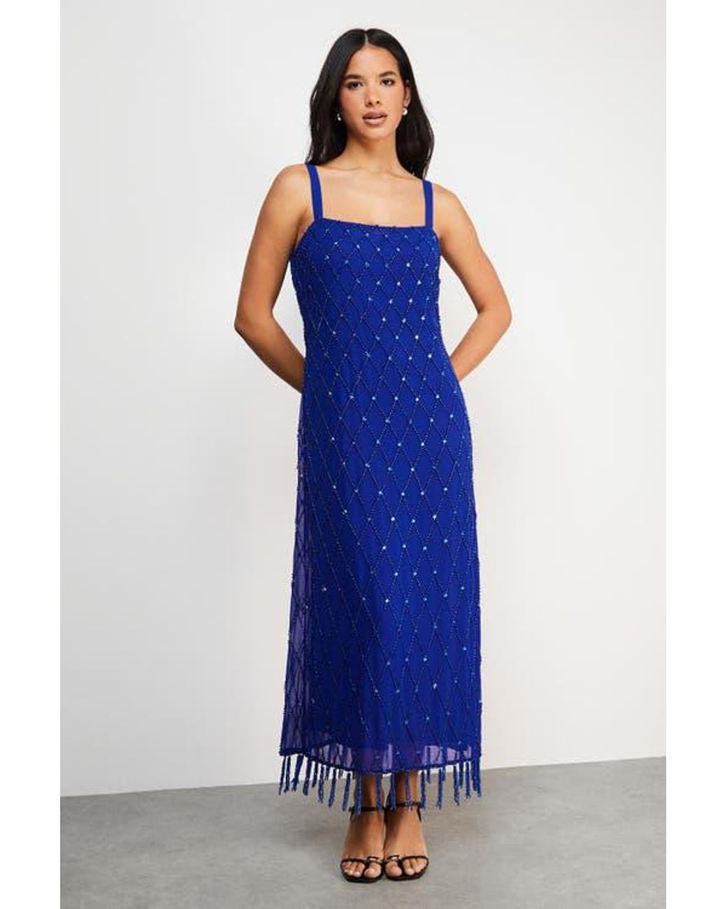 Warehouse Blue Hand Embellished Fringe Hem Midi Dress