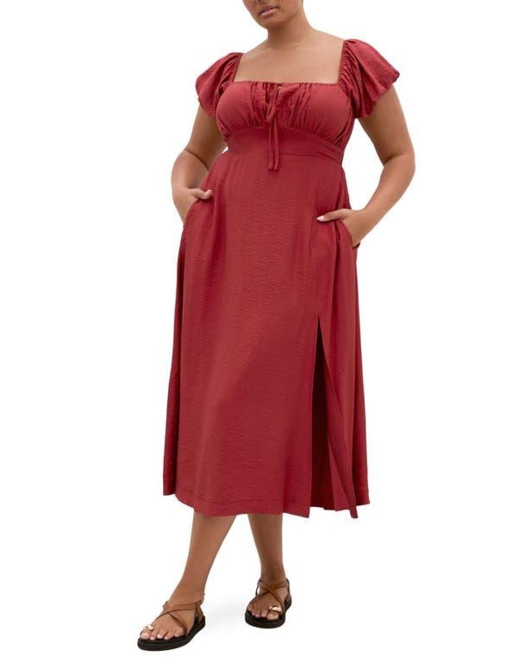 City Chic Abbigail Puff Sleeve Slit Maxi Dress in Red | Lyst
