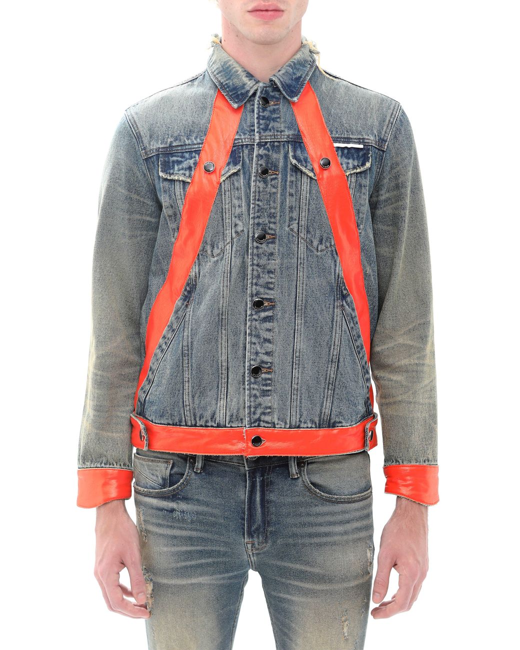 HVMAN Leather Detail Cotton Denim Trucker Jacket in Blue for Men | Lyst