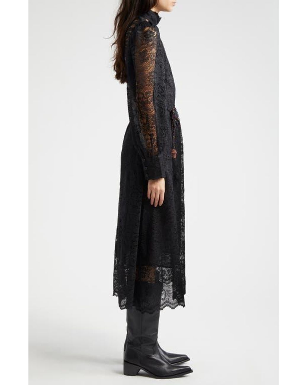chinese dress ladies Farm Rio Black Chenille Flowers Belted Long Sleeve Mini Dress, Chenille Flowers Black / M