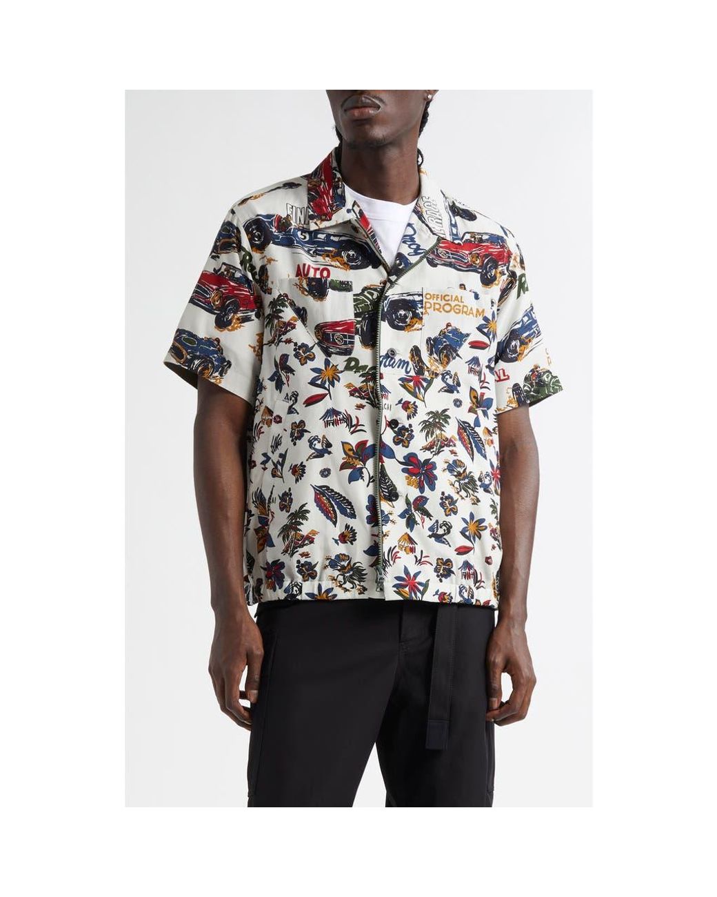 Sacai Car Race & Tropical Print Button-Up Shirt in Blue for