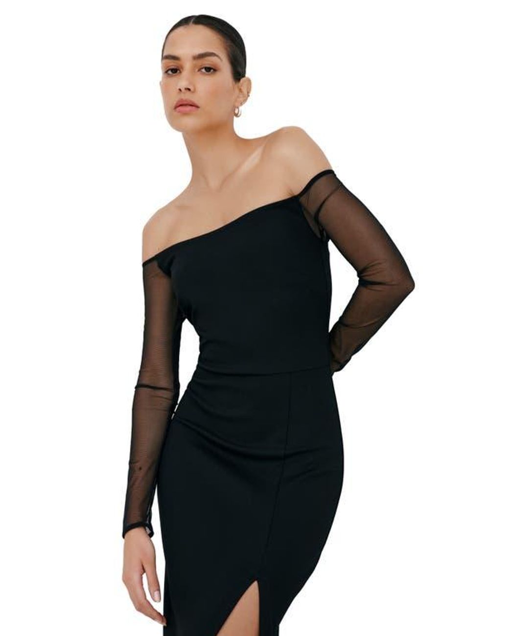 MARCELLA Marian Off The Shoulder Mesh Long Sleeve Gown in Black | Lyst