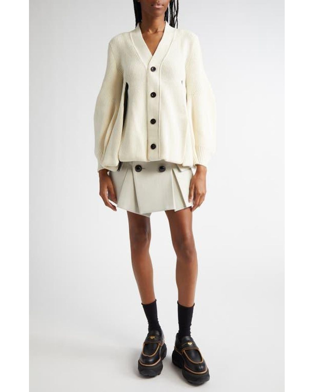 Sacai Mixed Media Wool Cardigan in Natural | Lyst Sacai Mixed Media Wool Cardigan in Natural | Lyst