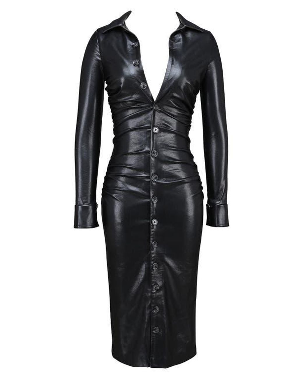 House Of Cb Viola Long Sleeve Faux Leather Midi Dress in Black | Lyst