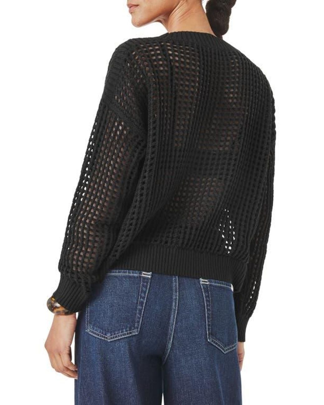 Splendid Black Camellia Openwork V-Neck Cotton Blend Cardigan