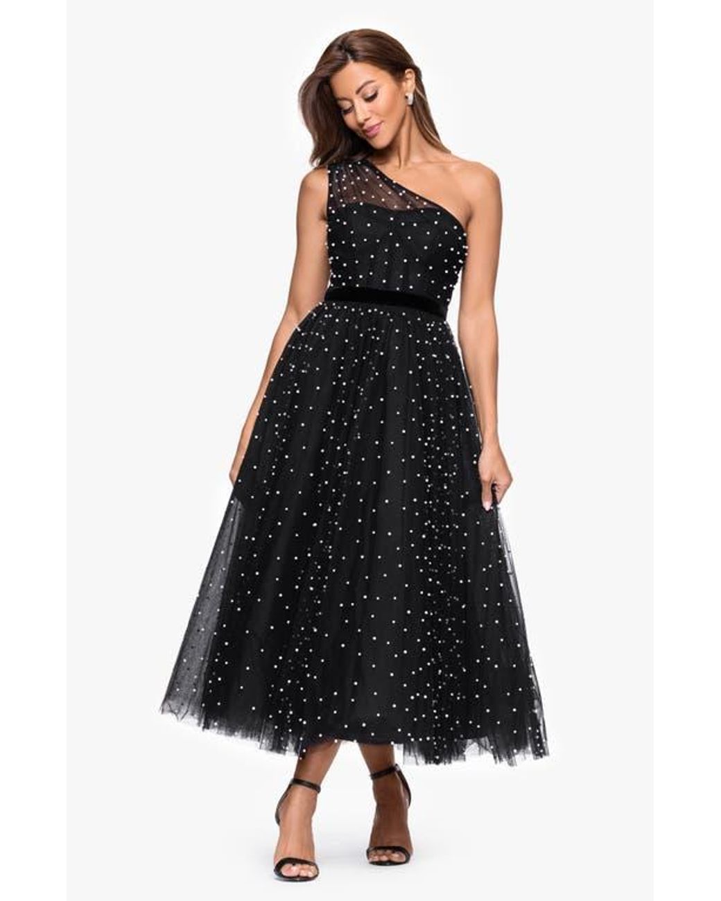 Betsy & Adam Faux Pearl One-Shoulder Tulle Cocktail Dress in Black | Lyst