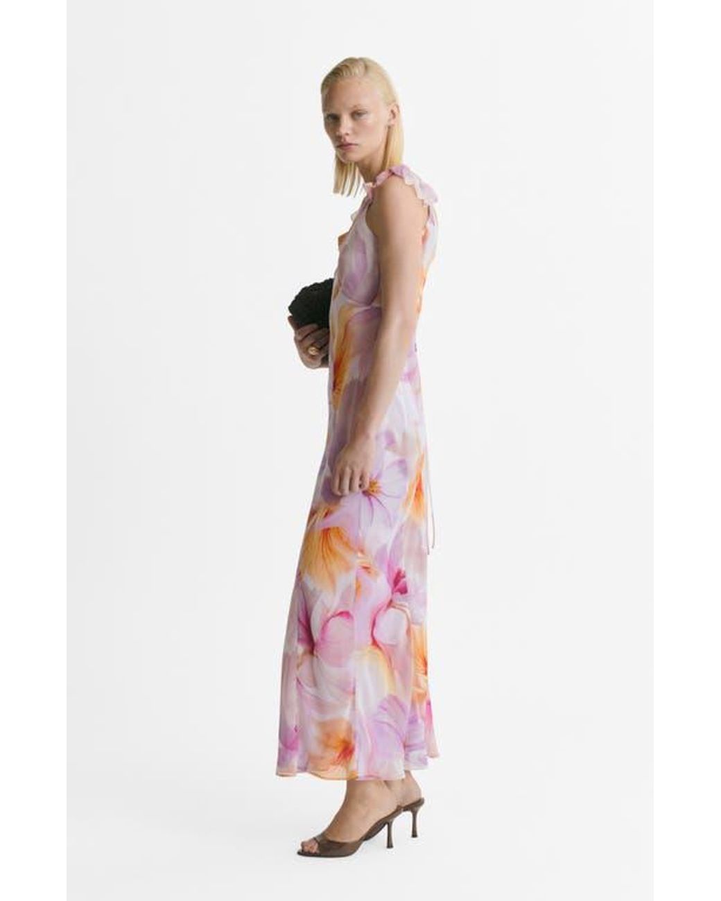 mango chiffon ruffle dress pink Mango v neck ruffle layer maxi dress in dusty pink