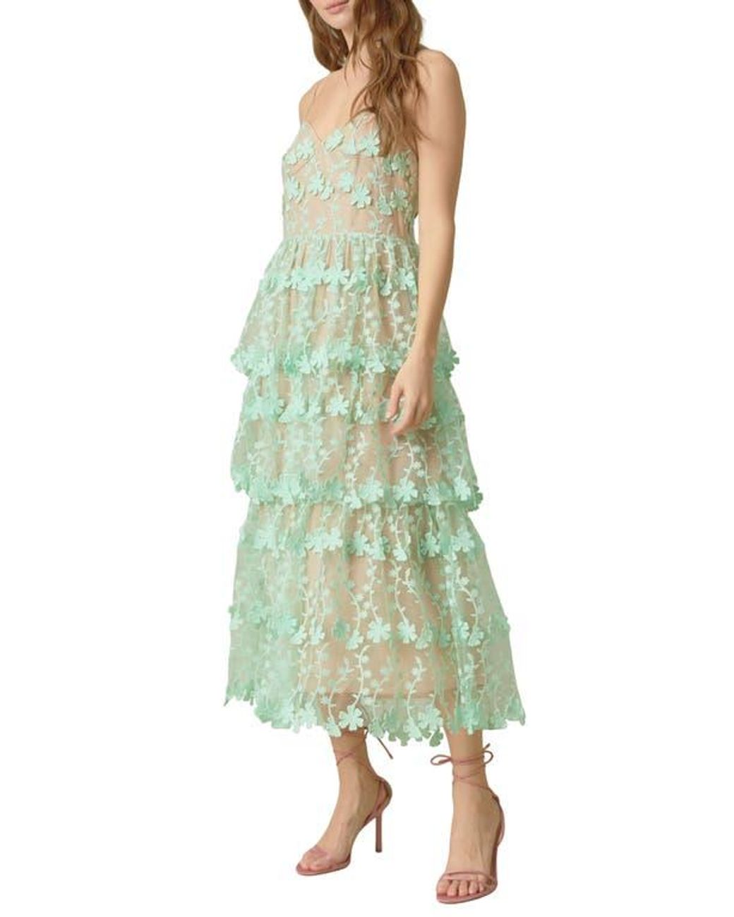 Endless Rose Floral Embroidered Tiered Lace Midi Dress in Green | Lyst
