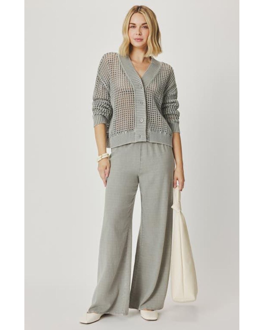 Splendid Gray Camellia Openwork V-Neck Cotton Blend Cardigan
