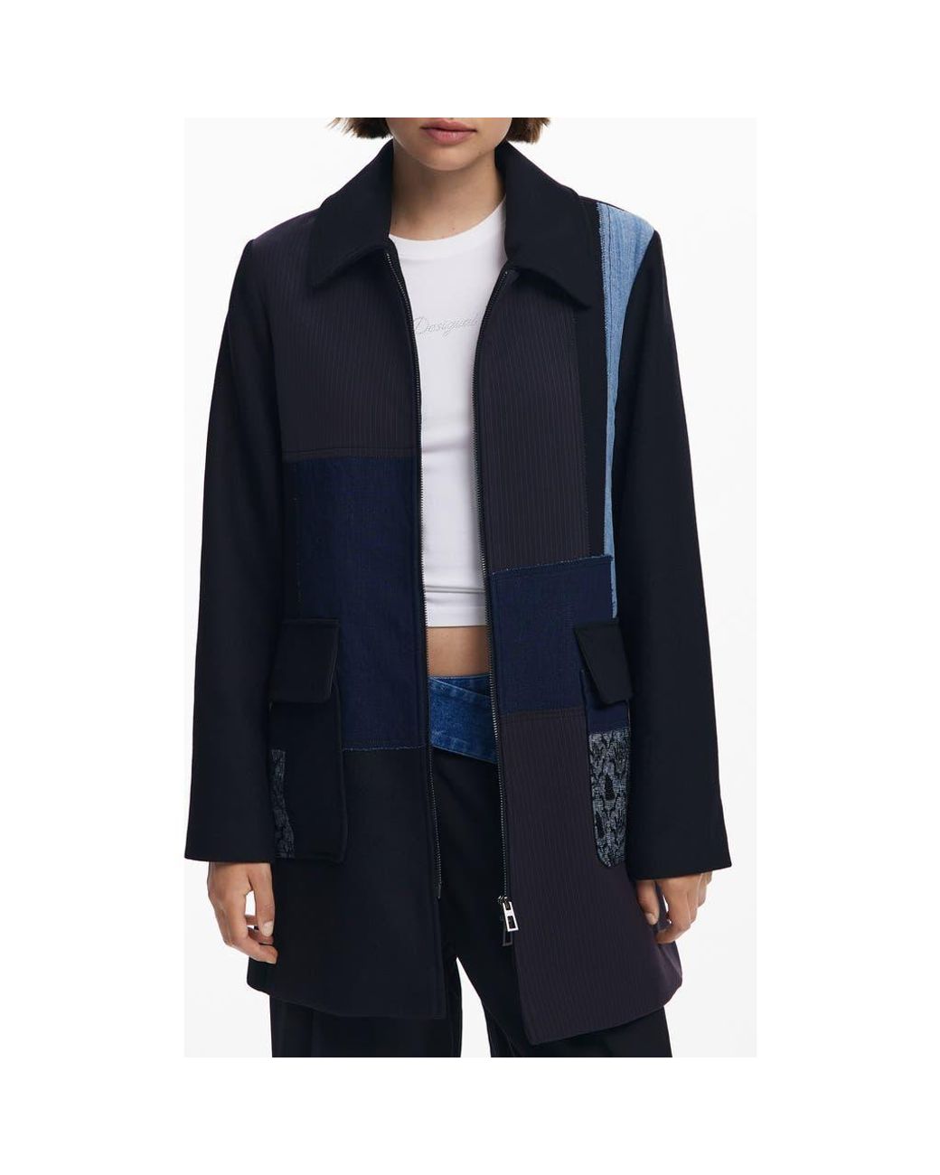 Desigual Blue Patchwork Overcoat
