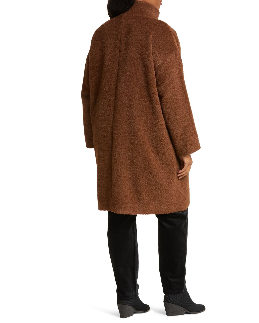 Eileen Fisher Stand Collar Wool Blend Coat in Brown Lyst